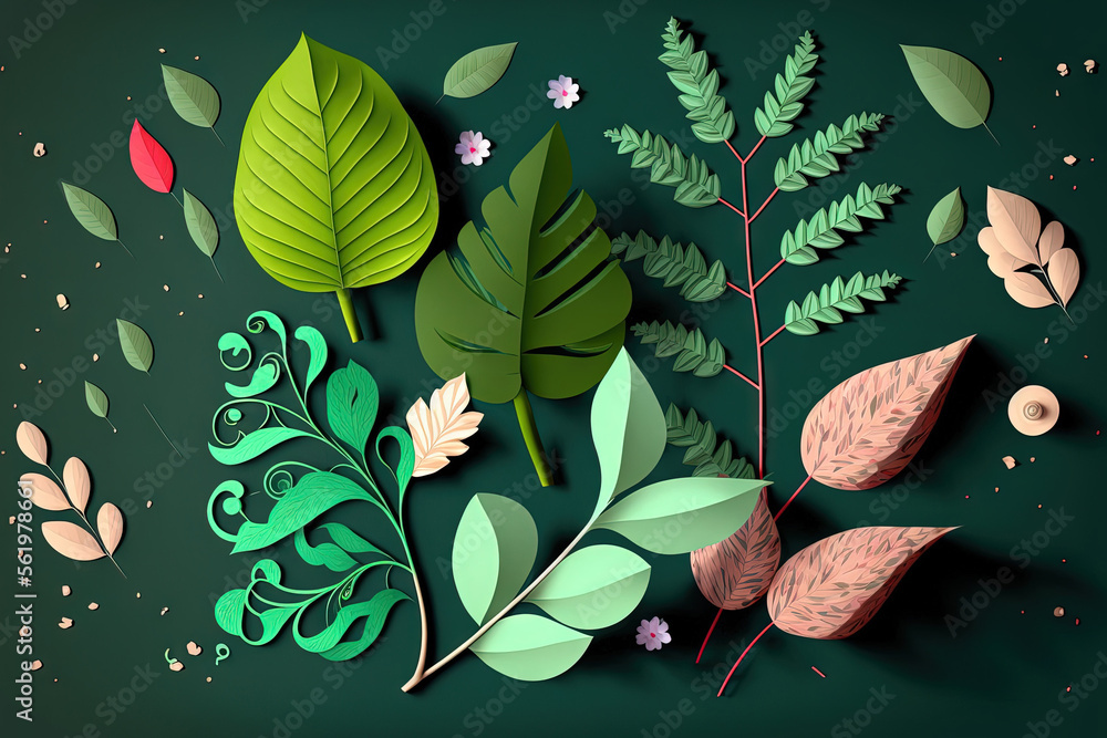 Poster inventive design using green leaves. lay flat. nature idea. generative ai