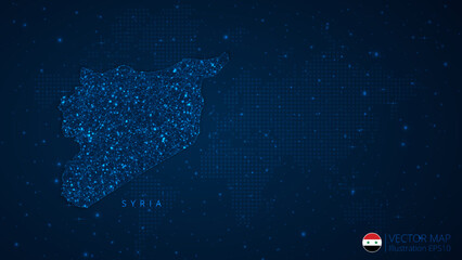 Fototapeta na wymiar Map of Syria modern design with polygonal shapes on dark blue background. Business wireframe mesh spheres from flying debris. Blue structure style vector illustration concept