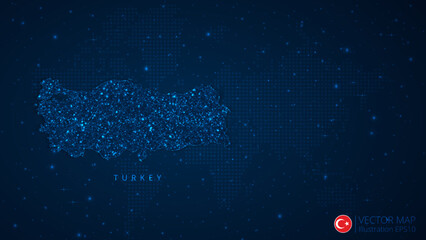 Fototapeta na wymiar Map of Türkiye modern design with polygonal shapes on dark blue background. Business wireframe mesh spheres from flying debris. Blue structure style vector illustration concept