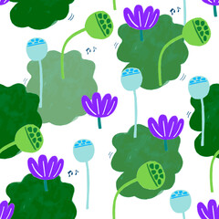 Seamless pattern with green lotus leaves and lotus flowers in a pond. easy to change background and leaves color