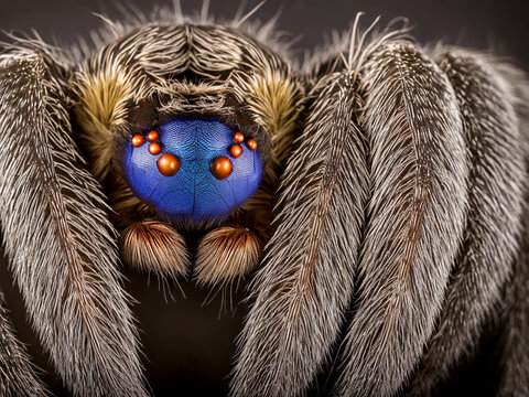 Macro image for reference of a brown spider edited for a blue head with orange eyes