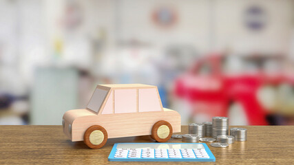 The toy wood car and blue calculator on wood table 3d rendering