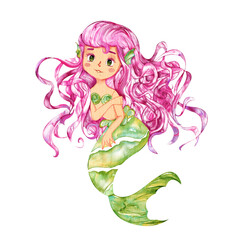 Cute Mermaid Watercolor, Mermaid Nursery Decor, Cute Mermaid illustration, Watercolor illustration, Underwater Ocean Sea Animals, Children Books, Greeting Cards, Clipart For Kids.