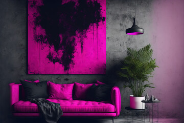 grungy decorative navy black wall with a viva magenta tone. 2023 trendy color rough stylized texture art banner. Grunge vibrant magenta hue and texture. Generative AI