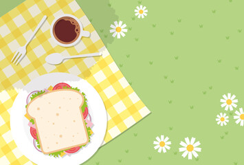 vector background with a sandwich, coffee on a picnic blanket for banners, cards, flyers, social media wallpapers, etc.