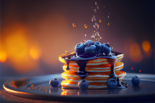 Delicious And Mouth Watering Pancakes With Blueberries And Blueberry Syrup | Blueberry Syrup Pouring On Fresh And Hot Pancakes | Ai Generative | Hyper Realistic | Breakfast | Food Photography 