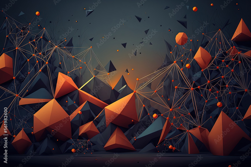 Poster low poly, dark, abstract background with polygonal shapes that connect with lines and dots. relation