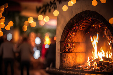 Fireplace with blurred bokeh christmas lights at traditional christmas market (Christkindlmarkt) at Meran (Merano, South Tyrol Italy). Generative AI