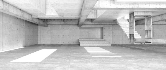 Modern concrete room space, floor, wall and stair are concrete structures. Empty room with wall background. Light and shadow on ground. Concept industrial space and warehouse structure. 3d rendering