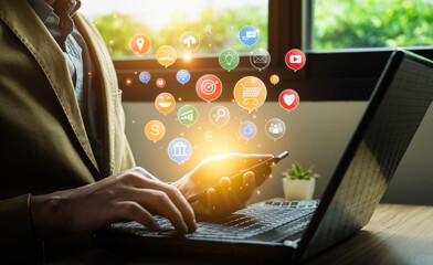 Digital online marketing commerce sale concept, Promotion of products or services through digital...