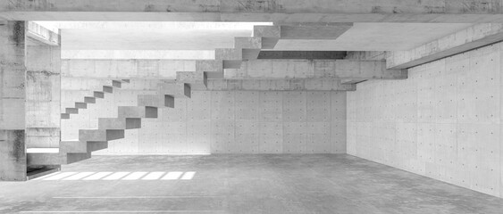 Modern concrete room space, floor, wall and stair are concrete structures. Empty room with wall background. Light and shadow on ground. Concept industrial space and warehouse structure. 3d rendering