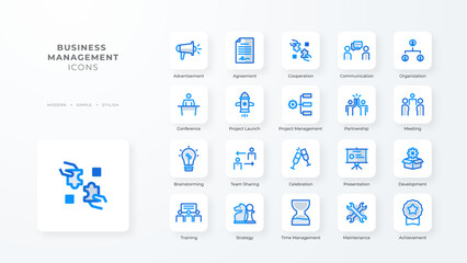 Business management icon collection with blue duotone style. Corporate, currency, database, development, discover, document, e commerce. Vector illustration