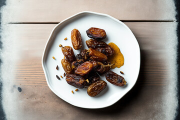 Pitted dates on a plate with a white wooden background. a top view. Generative AI
