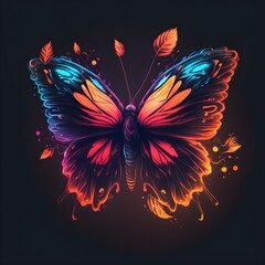 Neon bright portrait of a cute butterfly in a hand drawn style.