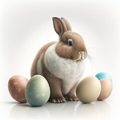 easter bunny with eggs. realistic illustration. White backgorund. Generative AI.