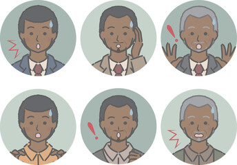 驚く黒人男性の丸アイコンセット