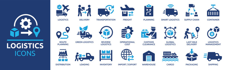 Fototapeta premium Logistics icon set. Containing distribution, shipping, transportation, delivery, cargo, freight, route planning, supply chain, export and import icons. Solid icon collection.