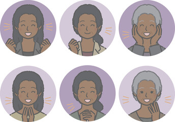 喜ぶ黒人女性の丸アイコンセット