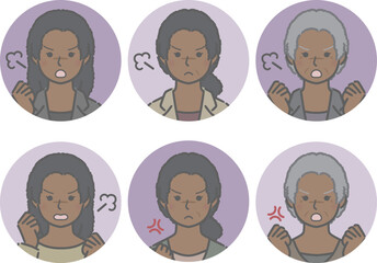 怒る黒人女性の丸アイコンセット