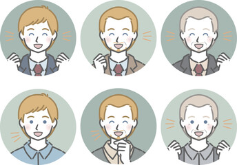 喜ぶ白人男性の丸アイコンセット