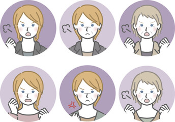 怒る白人女性の丸アイコンセット