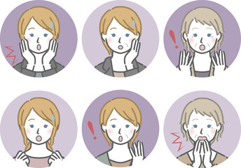 驚く白人女性の丸アイコンセット
