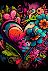 Illustration of colorful hearts and flowers painted in graffiti style. valentine day background idea, cool wallpaper - Generative AI Illustration