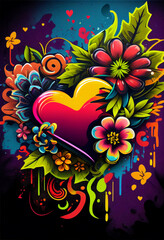 Illustration of colorful hearts and flowers painted in graffiti style. valentine day background idea, cool wallpaper - Generative AI Illustration