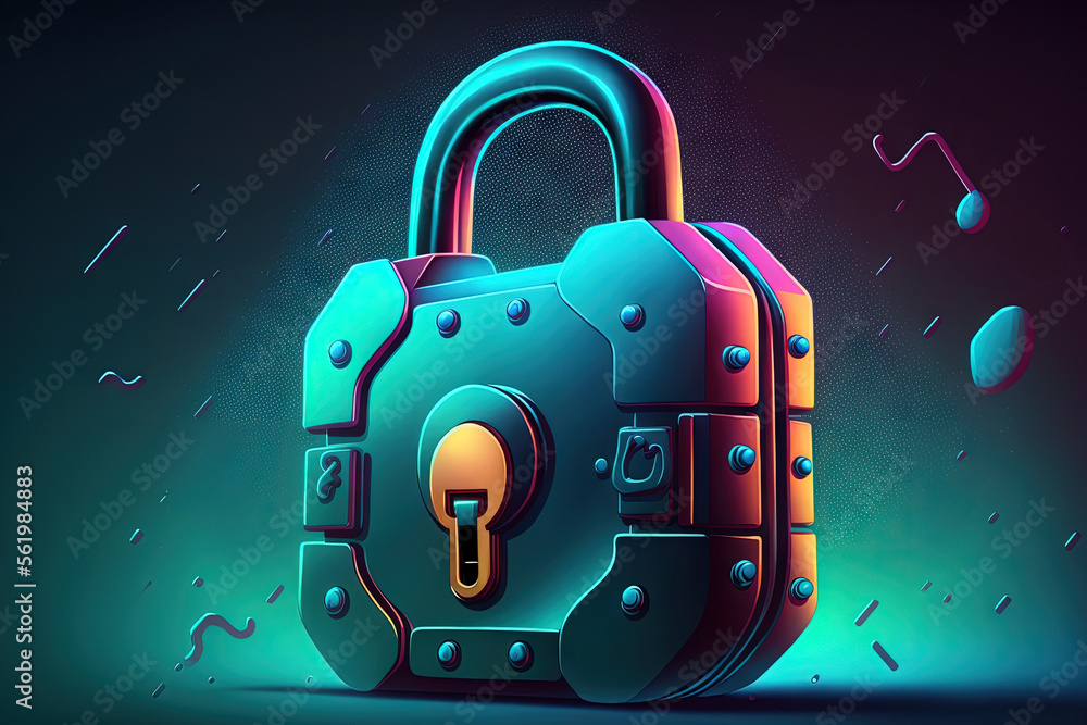Poster 2d illustration of a padlock that is closed on a digital background. generative ai