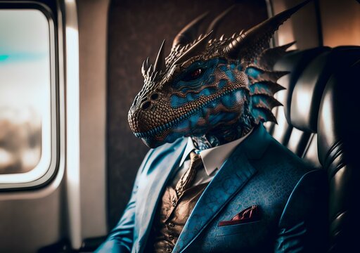 dragon wearing a suit and tie, sitting in a private jet (AI Generated)