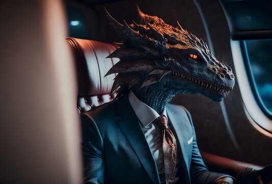 Dragon Wearing A Suit And Tie, Sitting In A Private Jet (AI Generated)