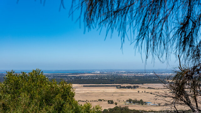The city of Geelong as seen through the trees at the top of the You Yangs ranges
