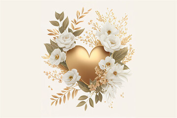 Obraz premium lllustration generated with AI of a digital art with a gold heart and white flowers, suitable for a Valentine's Day card or wedding invitation - Generative AI illustration