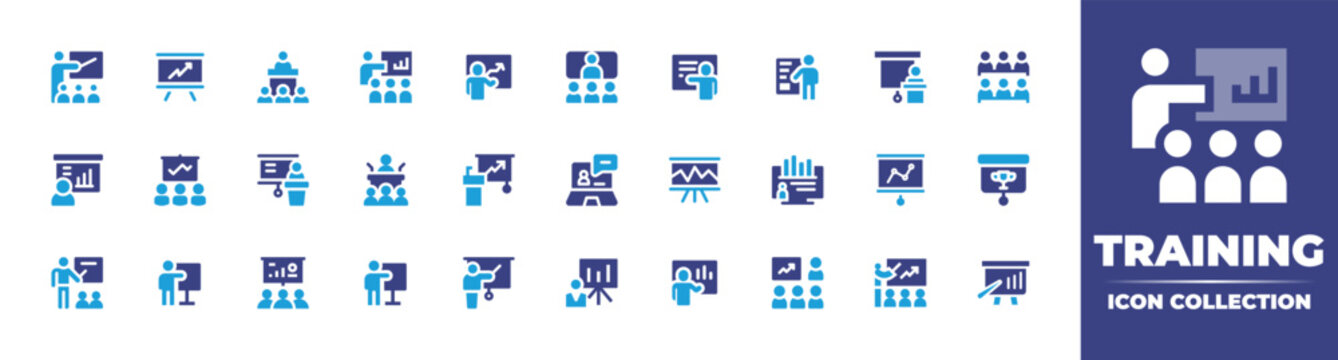 Training Icon Collection. Duotone Color. Vector Illustration. Containing Classroom, Presentation, Conference, Training, Class, Lecture, Coaching, Teacher, Stats, Student, Analysis, Trophy, And More.