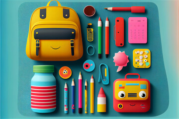 Fototapeta premium Generative AI illustration of a backpack and school tools for kids, colorful, back to school, pencils, top view, classroom materials