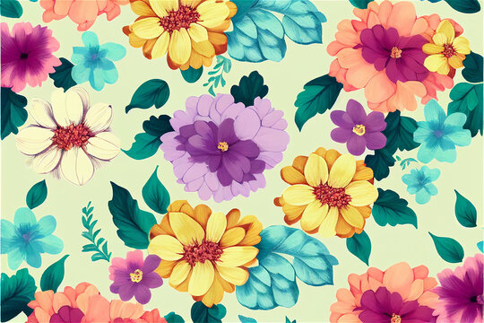 Colorful flowers background, green leaves, flower pattern, textile inspired, happy mood, - Generative AI illustration