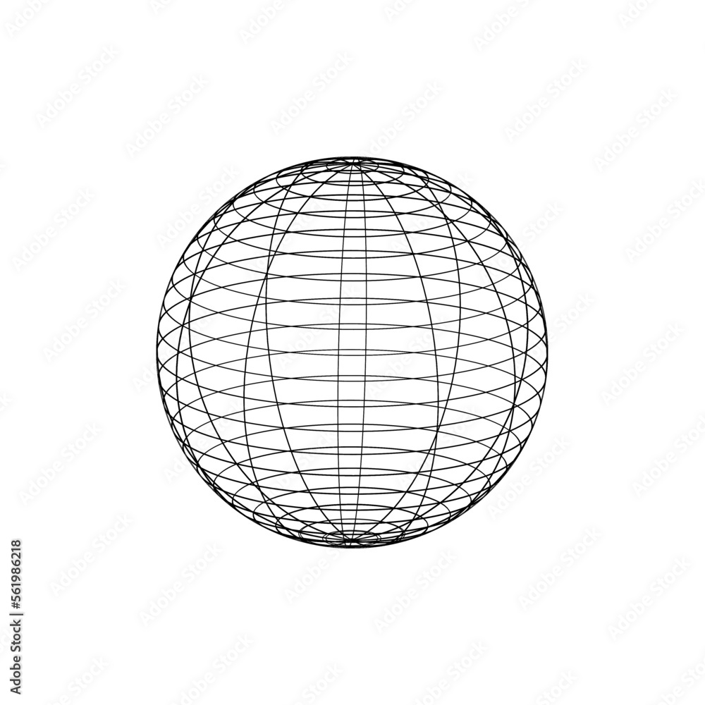 Poster Wireframe sphere. Globe grid frame element. Geometric round net. Outline graphic design element.