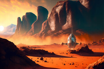 Landing astronaut spaceship on mars the red planet. Landscape with desert and mountains, Colonization of Mars, digital art style, generative ai