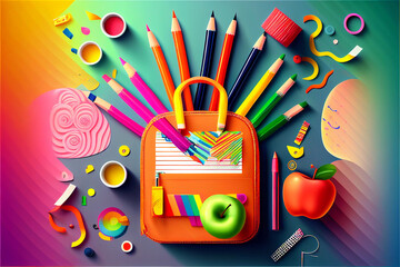 Generative AI illustration of a backpack and school tools for kids, colorful, back to school, pencils, top view, classroom materials