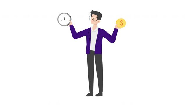 Man Presenting time is money.Businessman presenting character design.
