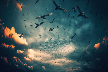 Fototapeta na wymiar Swarm of birds on the beautiful sky with clouds. beautiful birds flying in the sky. Generative AI