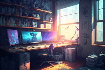 Working Studio for Computers Windows and light rays in an office room interior. Background fantasy. Conceptual art Genuine Illustration. Background of video games. Digitized painting. CG artwork pictu