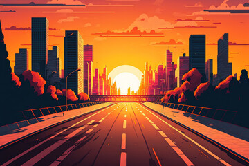 Obraz na płótnie Canvas Sunset view of a modern city skyline and asphalt road. high vantage point. Generative AI