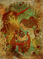 Colorful fantasy illustration with hand drawn beautiful fairy girl or princess and magic unicorn horse against old textured background, mystic card with fairy tale cartoon character