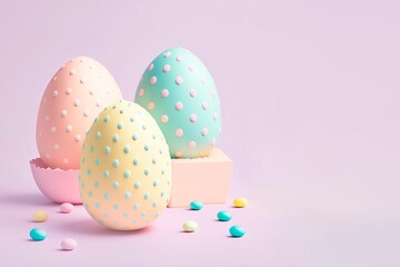 Fototapeta na wymiar Creative colorful arrangement of painted pink blue yellow eggs isolated on light pastel background. Generative AI