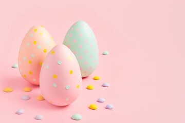 Fototapeta na wymiar Creative colorful arrangement of painted pink blue yellow eggs isolated on light pastel background. generative ai