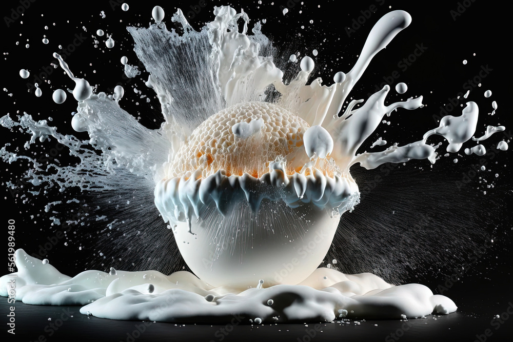 Poster on a black background, a white foam bubble of soap and shampoo explodes, creating a freeze frame obj