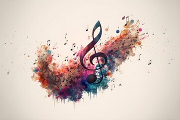 Colorful musical note drawn, color explosion, white background.