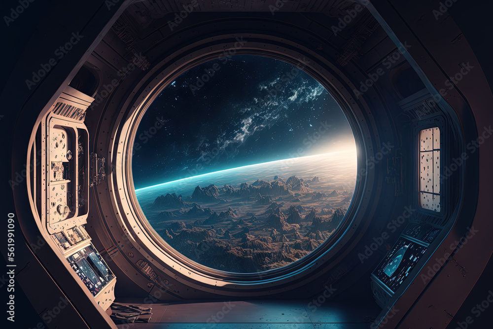 Sticker bright spaceship interior with a view out a dark window. generative ai