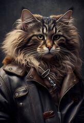Norwegian Forest Cat Breed wears a leather jacket